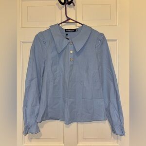 Women’s Blue Long Sleeve Blouse buttons ruffle party travel work winter holiday